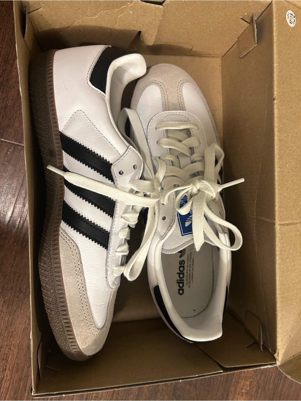adidas Samba White Sneakers with Black Stripes and Tan Suede Toe - Picture 3 of 4